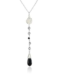 Sterling Silver Italian Rose and Black Crystal Teardrop Lariat Y-Shaped Necklace, 15.5"