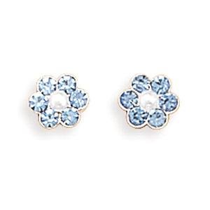 Light Blue Crystal and Pearl Sterling Silver Flower Earrings