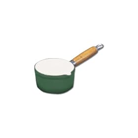 World Cuisine green enamel cast-iron sauce pan with a beautiful wooden handle. It has a small spout on the lip for easy pouring.