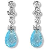 Image of 18 carat White Gold 23pts Fine Diamond studded drop earrings with blue topaz gemstone