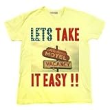 タイポグラフィーTシャツ　アメリカの雰囲気を織り込みました。 アメリカの国道沿いのモーテル オールドアメリカンな雰囲気 タイポが星条旗風のデザインＴシャツ TAKE IT EASY vacancy