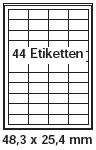 Produkt-Bild: pripa Etikettenformat 48,3 x 25,4mm, 50 Blatt DIN A4 selbstklebende Etiketten.Der Einzelbogen ist aufgeteilt in44 Etiketten pro Bogen = 4 Spalten je 11 Reihen, 2200Etiketten.