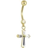 Solid 14kt Yellow Gold Cubic Zirconia Cross Dangle Belly Ring