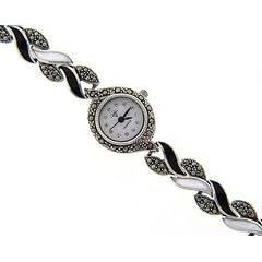 Sterling Silver Marcasite Genuine Black Onyx and Mother Of Pearl Watch