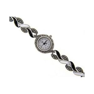 Sterling Silver Marcasite Genuine Black Onyx and Mother Of Pearl Watch