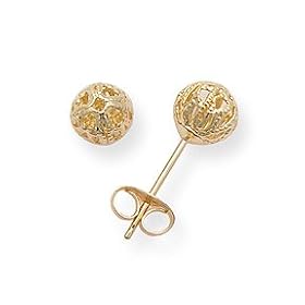 14k Yellow Gold Filigree Design 5mm Ball Stud Earrings, HypoAllergenic