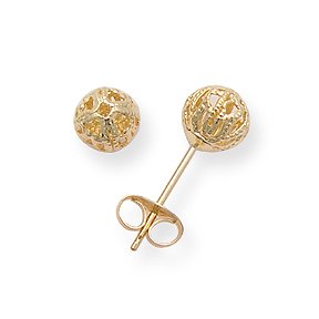 14k Yellow Gold Filigree Design Small to Medium (S/M) Size 5mm Ball Stud Earrings, HypoAllergenic