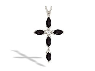 14K White Gold Genuine Marquise Black Onyx and Diamond Cross Pendant
