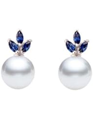 PremiumPearl 7-9mm AAA Japanese Cultured Akoya Pearl Earrings 14k Gold & Sapphires