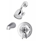 Symmons Deluxe Temptrol pressure balancing mixing valve with white insert handle, combination integral diverter/volume control, tub spout and super shower head DS-96-2-231-LPO