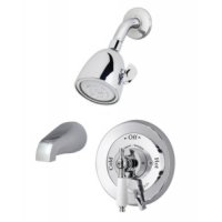 Symmons Deluxe Temptrol pressure balancing mixing valve with white insert handle, combination integral diverter/volume control, tub spout and super shower head DS-96-2-231-LPO