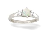 14K White Gold Genuine Round Opal and Diamond 3-Stone Ring