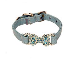 Blue Leather Swarovski Crystal "Bone Dog Collar" (XSmall)