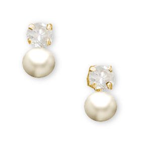 14K Yellow Gold Children's Button Pierced Earrings (Pair) w/Pearl