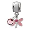 Pink Dragonfly with Swarovski Crystal European Charm Bead Hanger with Light R...