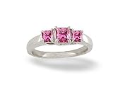 14K White Gold Genuine Square Pink Tourmaline 3-Stone Ring
