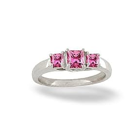 14K White Gold Genuine Square Pink Tourmaline 3-Stone Ring by Jewels For Me