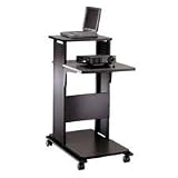 Tiffany Office Furniture Products - Presentation Stand, Adjustable, 18-1/2"x32-1/4"x39-1/4", Black - Sold as 1 EA - Designed for laptop computers, overhead and/or LCD projectors, this presentation stand offers reversible shelves and casters for easy mobility (two locking). Top surface is 38-1/2" high, providing a comfortable position for standing presentations. Front surface supporting projectors is adjustable to three positions in 4" increments. Fixed secondary shelf holds additional equipment.