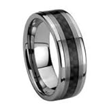 Men's Tungsten Carbide Ring 8mm Beautifully Crafted Real Carbon Fiber Inlay Brushed Metal Design with High Polished Grooved Edges Wedding Band, Size 11