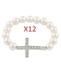 12 Pieces of Ivory with Silvertone Iced Out Cross Simulated Pearl Style Shamballah Beaded Stretch Bracelet