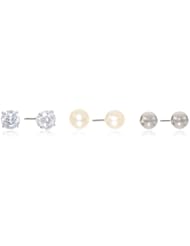Sterling Silver 6mm 3 Pairs of Cubic Zirconia, Freshwater Cultured White Pearl and Ball Stud Earrings (2.00 cttw)