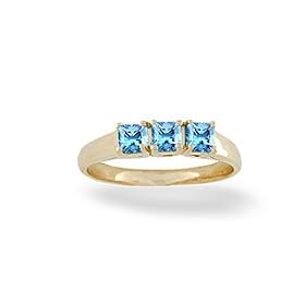14K Yellow Gold Genuine Square Blue Topaz 3-Stone Ring by Jewels For Me