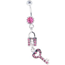 LOCK and KEY Passion Pink GEMMED Dangle Belly Ring by Key Rings