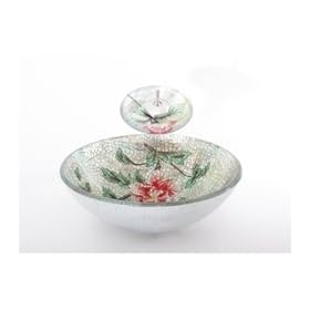 Geyser Tempered Floral Bathroom Glass Vessel Sink and Brushed Nickel Waterfall Faucet Combo