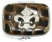 Brown Leather Sparkling Austrian Crystal Look Fleur-De-Lis Pill Box