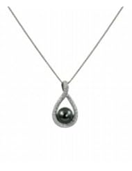 14kt White Gold 9-10mm Tahitian Cultured Pearl and Diamond (.620 ctw) Pendant on 18" Wheat Chain