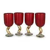 NOVICA Blown glass water goblets, 'Red Poinsettia' (set of 4)