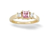 14K Yellow Gold Square Created Pink Sapphire and Diamond 3-Stone Ring
