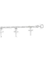 Sterling Silver 7 Inch Figaro Chain with Small Cross Charms Bracelet