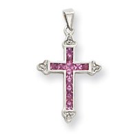 14k White Gold Diamond and Pink Sapphire Cross Pendant 14k White Gold Diamond and Pink Sapphire Cross Pendant