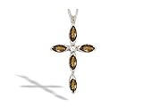 14K White Gold Genuine Marquise Smoky Quartz and Diamond Cross Pendant