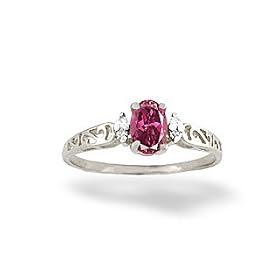 14K White Gold Genuine Oval Pink Tourmaline and Diamond Filligree Ring