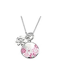 Silver Diamond Flower And Enameled Round Pendant Girls Necklace (14"-16")