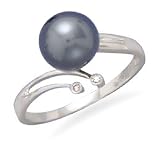 14K White Gold 8-9mm Cultured Tahitian Pearl Ring with 2 Diamonds with Wood Box