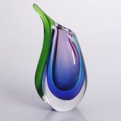Hand Blown Purple, Blue, & Green Sommerso Teardrop Art Glass Vase with Angled Lip 9.5