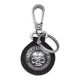 Harley Davidson Skull Key Fob. Top-grain leather key fob. Split ring for keys. Snap hook attaches to a belt loop. Sculpted skull medallion with antique silver finish. Measures 4 1/4 x 2 1/4...99443-06V