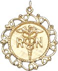 RN Registered Nurse on Lace Edge Disc, 14K Gold Charm