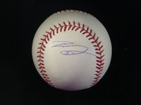 Johnson, Randy Autographed/Hand Signed Major League Baseball in Blue Ink on the Right Panel