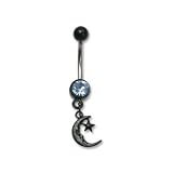 Black Bioplast Belly Ring with Blue Australian Crystals - Moon and Star 14g/5mm ball