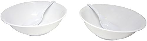 Soup Bowls with Hooked Spoons White Set of 2 Large Asian Dishes for Pho, Ramen, Popcorn Serving Dish, Dessert, Snacks, Fruit