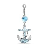 014 Gauge Anchor Belly Button Ring with Aqua Crystals in Stainless Steel NON-GOLD BODY