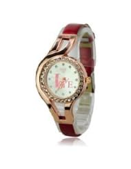 Fashionable Love Slender PU leather Rhinestones Band Round Dial Quartz Movement-Red band - BY ninetong