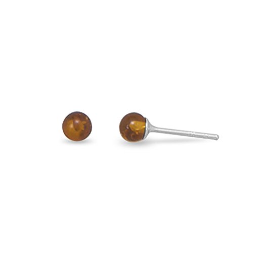 Synthetic Amber Bead Stud Earrings Sterling Silver 4mm