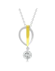 Alexander James 14k Gold and White Gold Rhodium Bonded Raindrop Pendant with a Round Cut Clear CZ Hanging From 2 Silvertone and 2 Goldtone Bands in the Form of a Raindrop in Tutone Chain Included