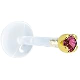 14 Gauge 3/8 Inches Solid 14KT Yellow Gold 1.5mm Genuine Purple Diamond Bioplast Push in Labret