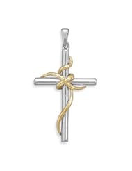Cross Pendant with Wrap Design Two Tone Sterling Silver and 14K Gold Necklace, Pendant Only